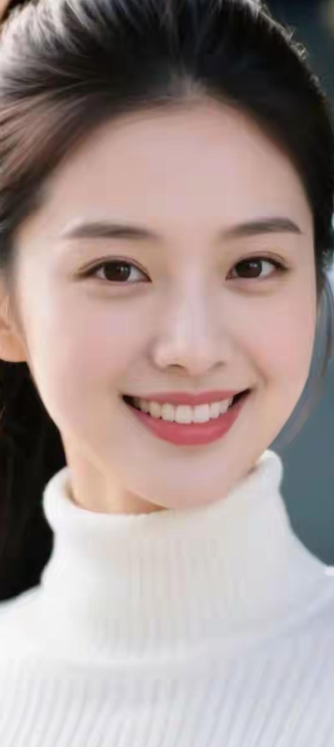 微笑的甜美女孩，白色高领毛衣，清新自然！😊👗💕