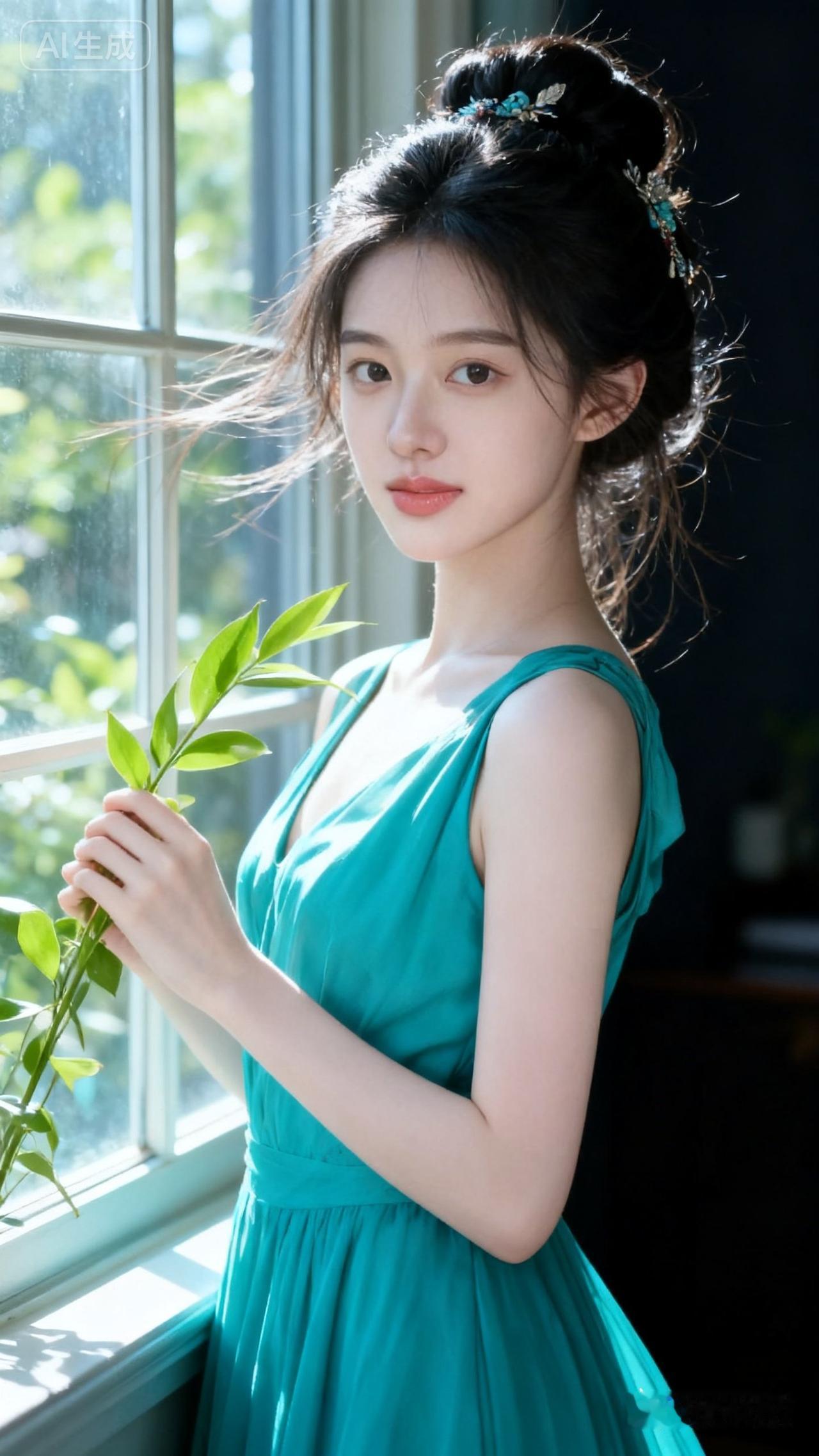 阳光洒进来的午后，蓝绿色连衣裙的少女与绿植相伴，静谧而美好。