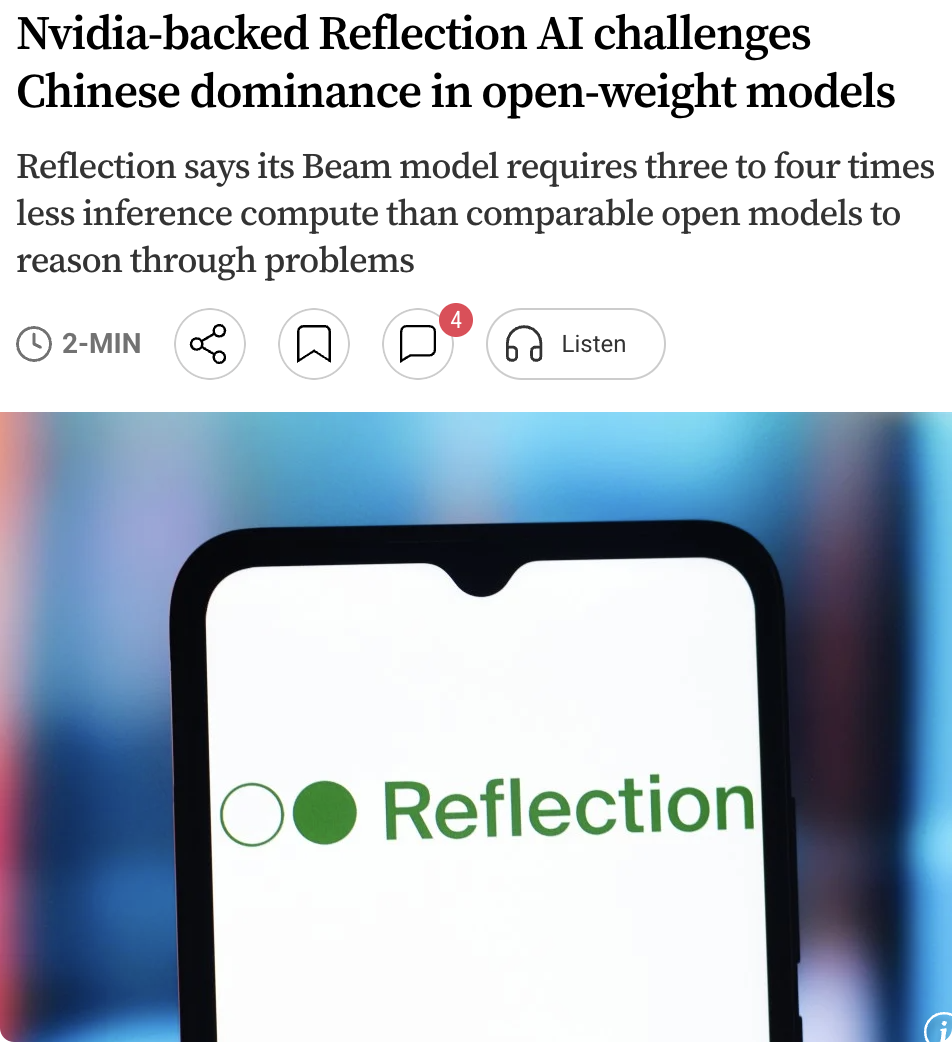 外媒：美国初创公司ReflectionAI发布了开源权重模型Beam，目标是在开放式人工智能领域挑战