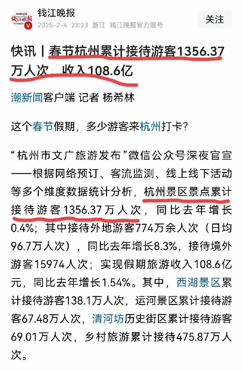 蛇年春节八日假期期间，杭州景区的游客数量比南京多出465万呢！杭州与南京的游客