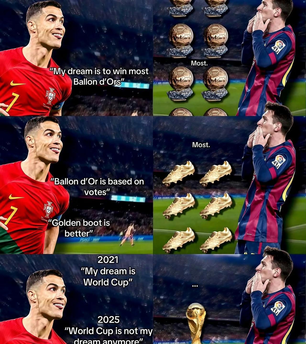 一开始，C罗说他要赢得最多的金球奖，却被梅西以8:5压制。这之后，C罗说他更在