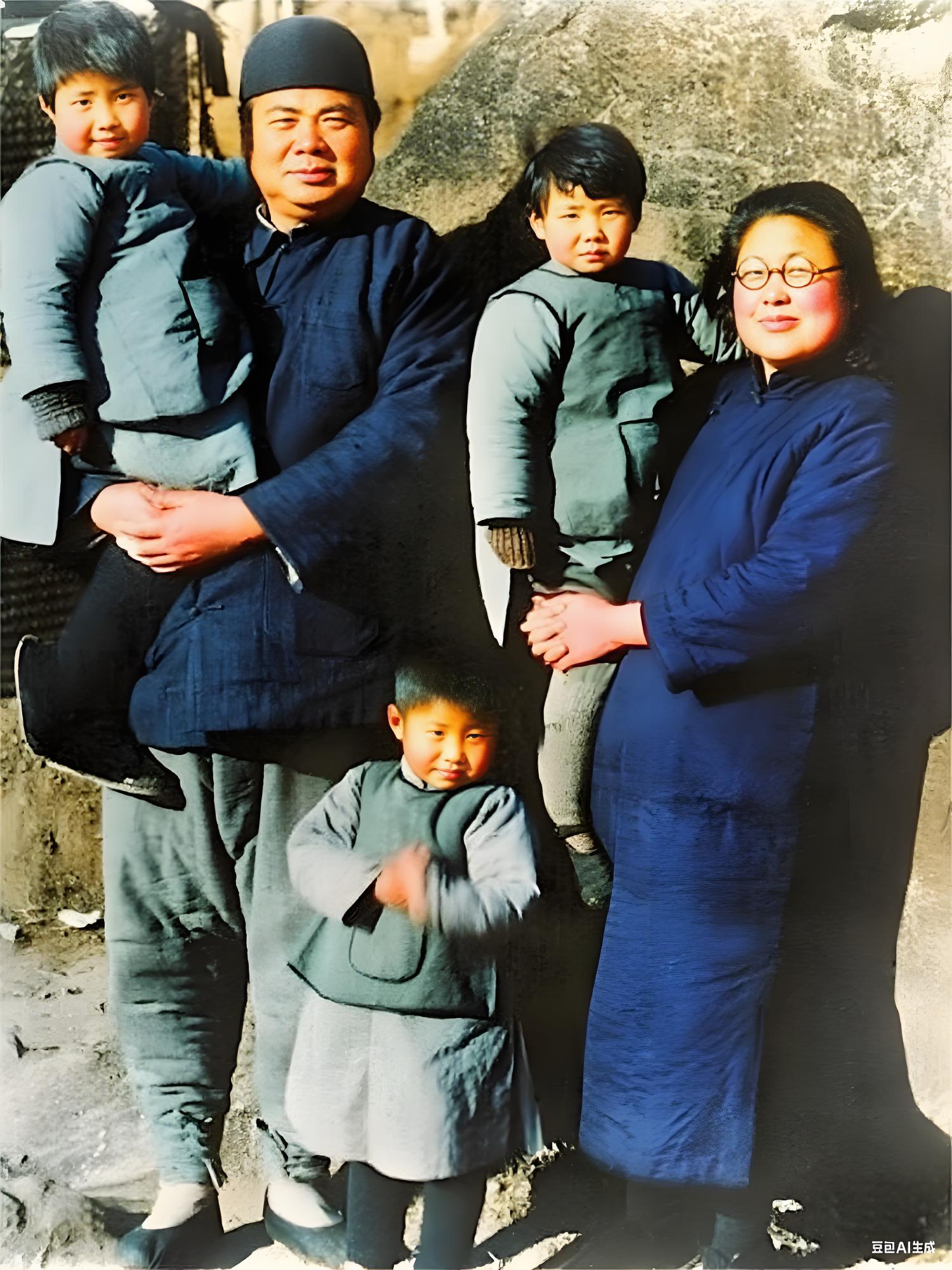 1928年，冯玉祥赴行政院任副院长（兼军政部的部长）；照片中为其的妻子及三个孩子