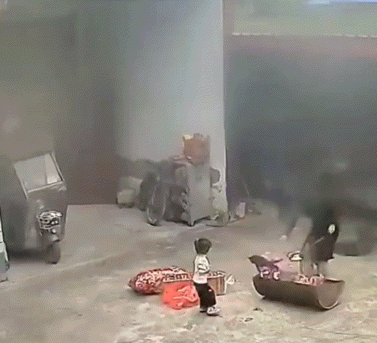 小孩真够坏的，把小狗扔进火堆