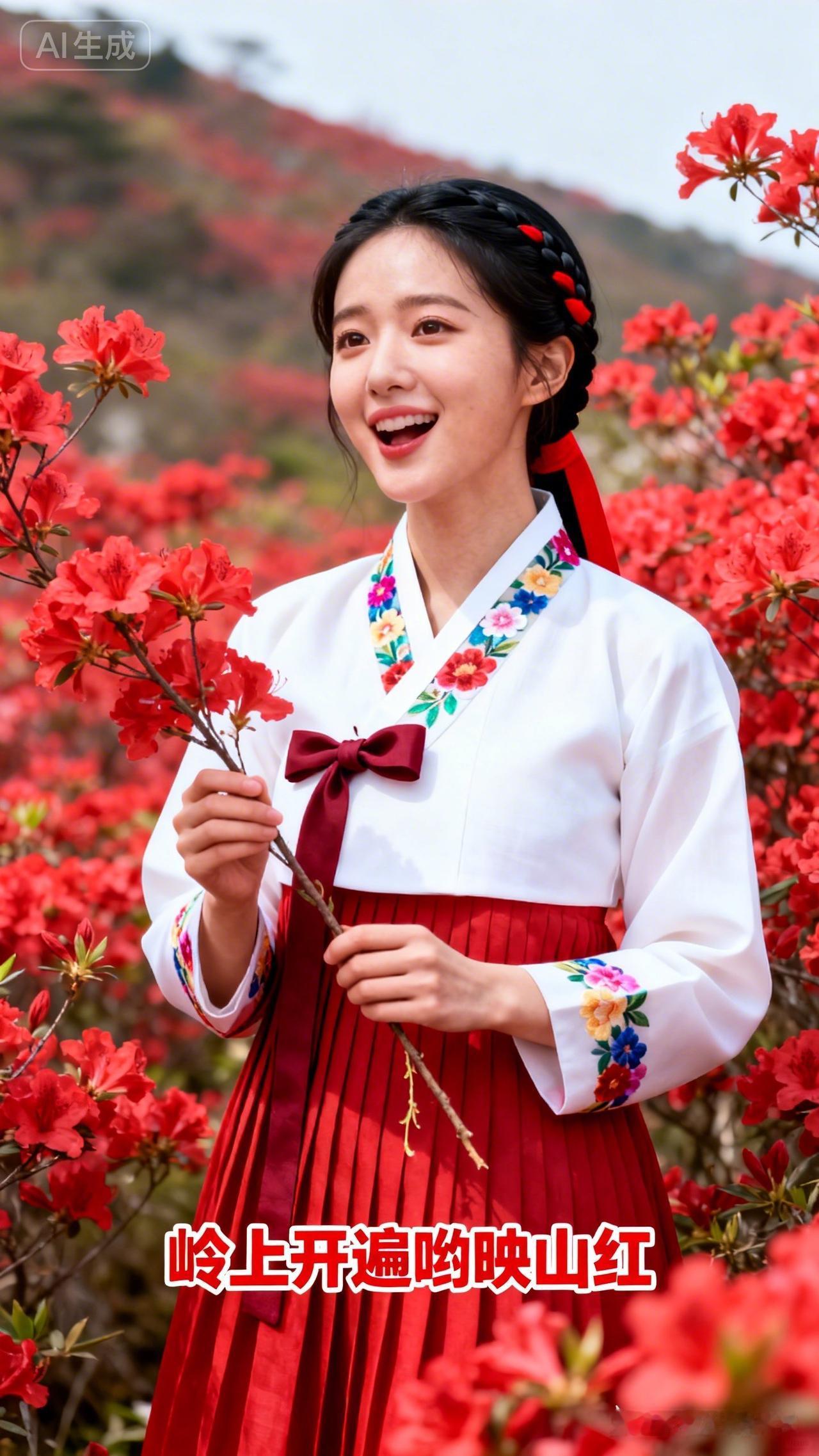 少女在山间笑靥如花，红衣与红花相映成趣！