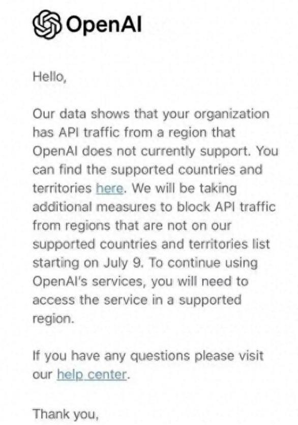 6月25日，OpenAI宣布，对中国大陆，中国香港，中国澳门全部禁用！2