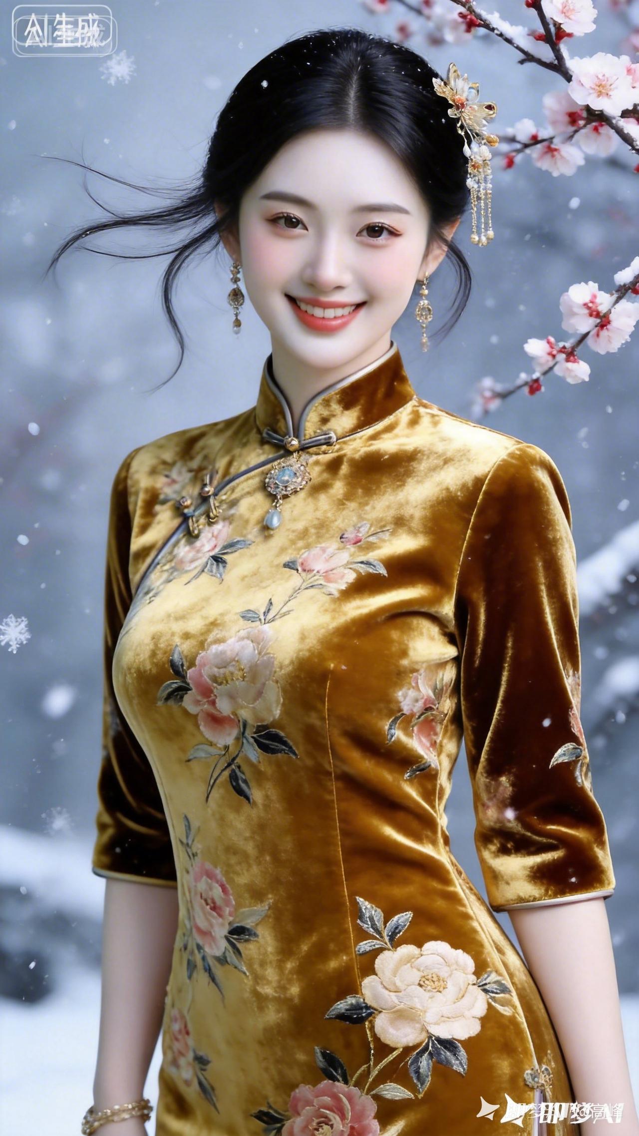 雪中仙子，金衣华裳，笑靥如花！