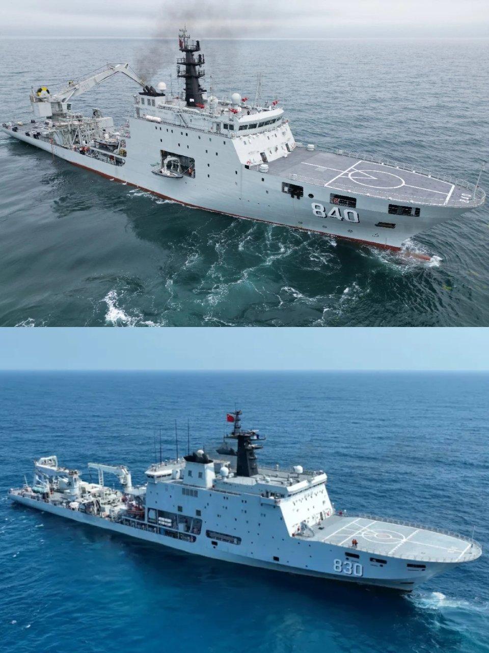 我军两款新型潜艇救援舰同角度对比！840船为缩小简配版，船艉门架取消，不带深潜救