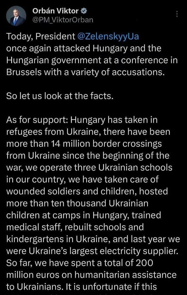 匈牙利总理欧尔班怒怼泽连斯基：我给乌克兰养过1400万乌克兰难民，所以别想道德绑