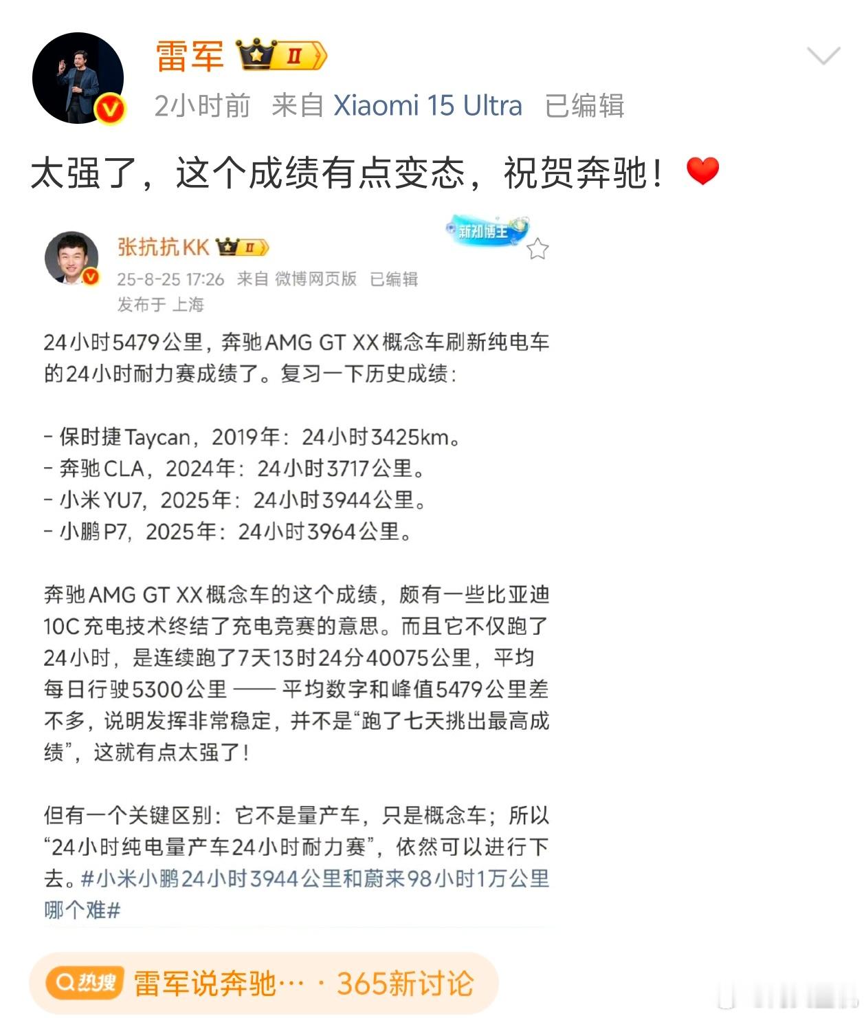 兄弟们，啥叫格局，看看雷总祝福奔驰的微博。奔驰的这个概念车创造了电车记录，这条微