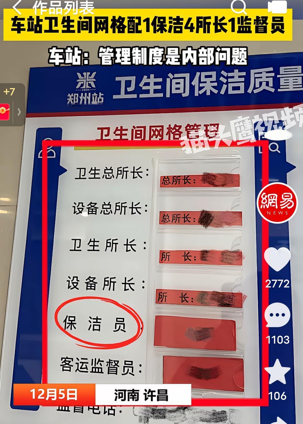 近日，有人惊讶的发现，河南许昌郑州站，一个厕所，竟然配了四个所长，一个监督员，而