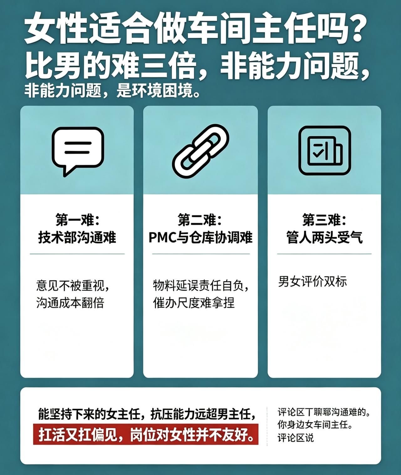 女性适合做车间主任吗？说实话，比男的难三倍不是能力问题，是环境问题。第一难