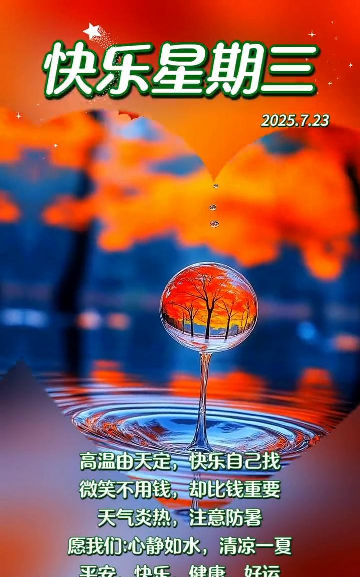快乐星期三。高温由天定，快乐自己找。微笑不用钱，却比钱重要。天气炎热，注意防暑