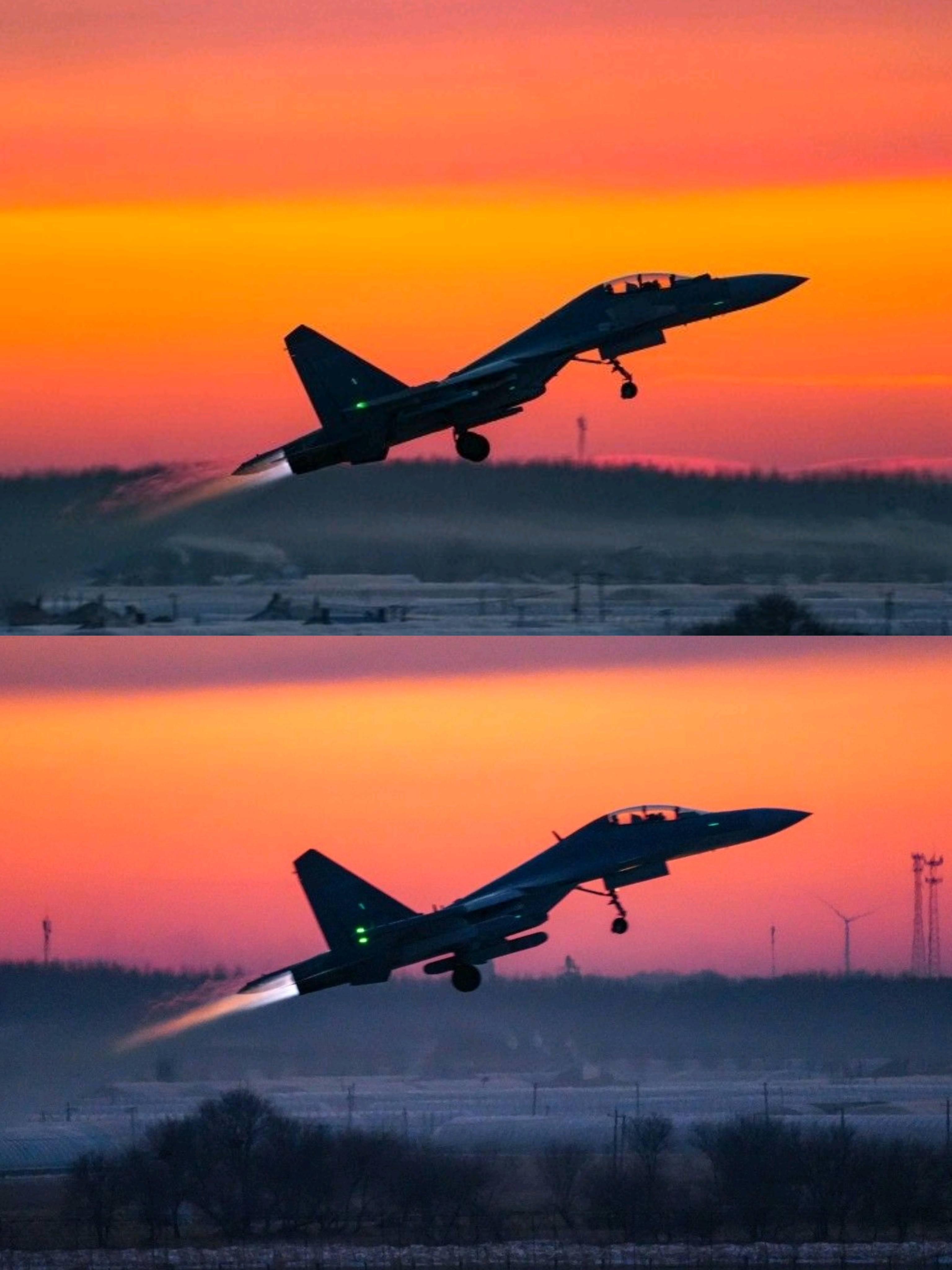 歼-16/歼-16D同角度起飞对比邂逅霞光烽火问鼎计划制胜空天