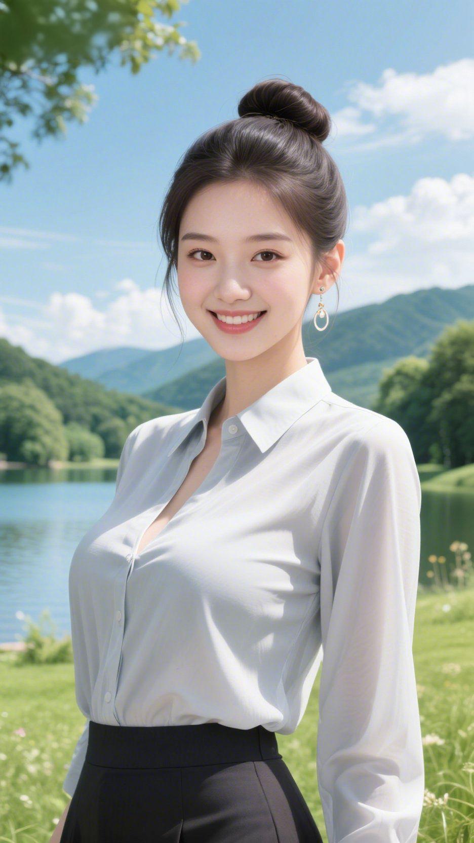 湖山晴日自从容晴蓝天空缀着绵柔白云，远山含翠，湖水漾着清浅波光，风裹着草木