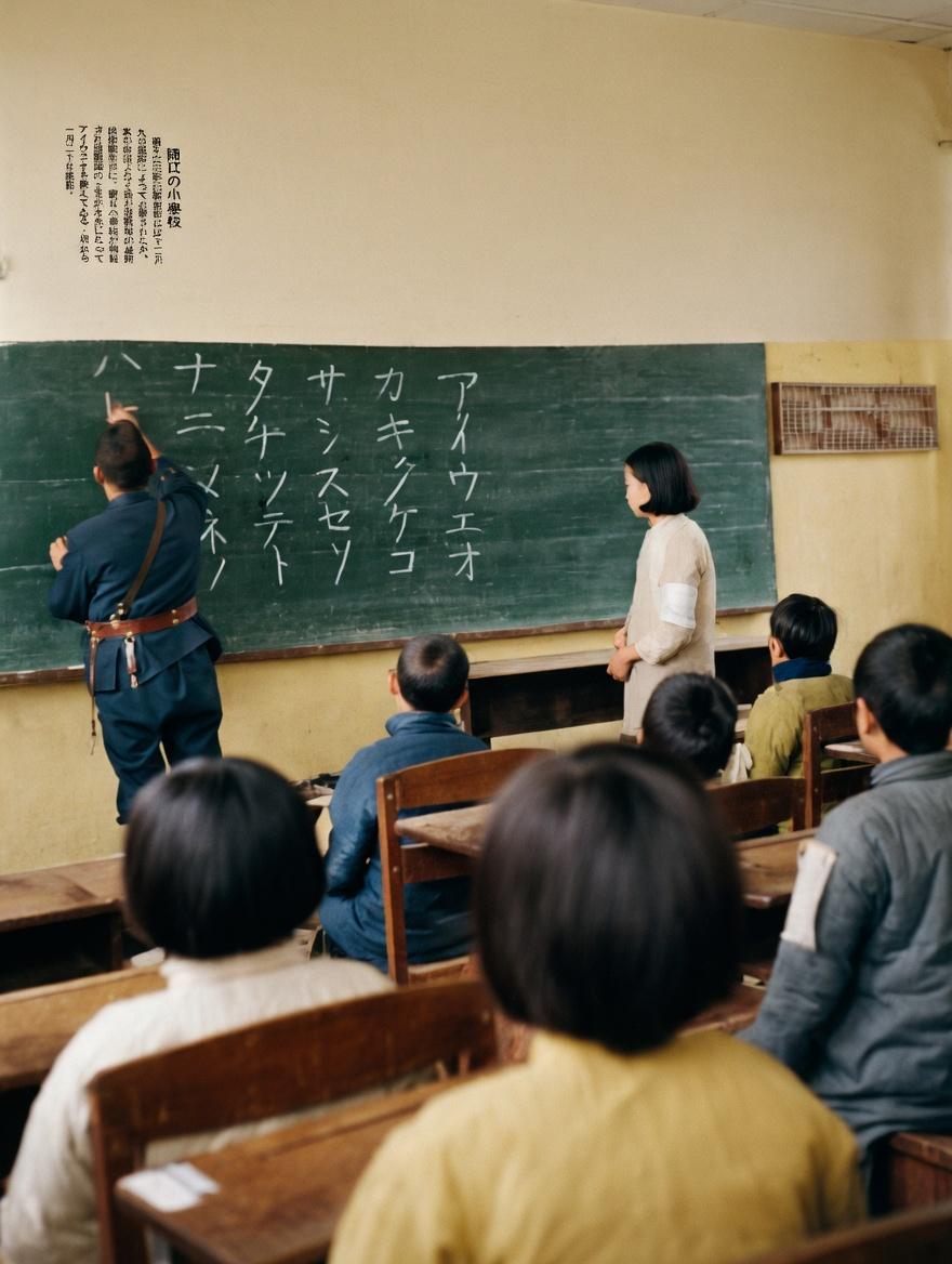 这张拍摄于1932-1945年日本殖民统治东北时期，在一间日式小学校的教室里，日