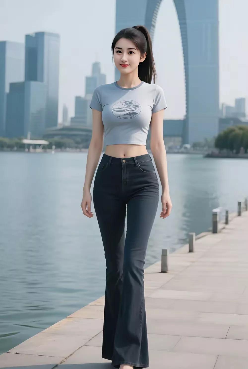 都市女孩漫步河畔，时尚穿搭尽显青春活力！👗💃🏙️
