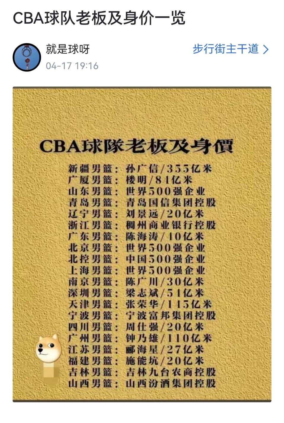 CBA球队老板及身价一览️