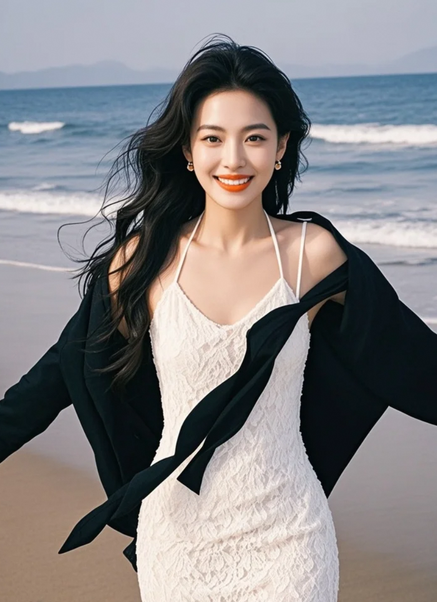 她穿着白裙在海边，拍出生活美学
