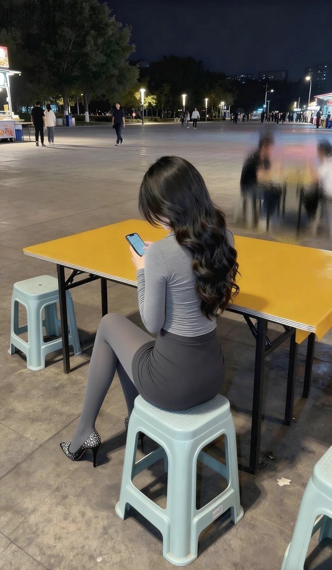 夜晚公园里，独自一人坐在黄色桌旁，手机陪伴，静享宁静时光。
