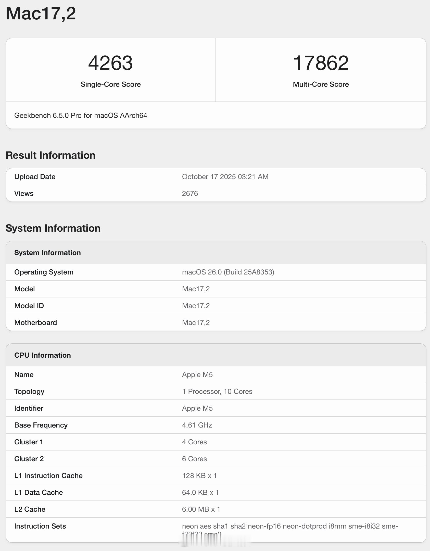 苹果M5MacBookPro跑分：单核4263，多核17862苹果M4Ma