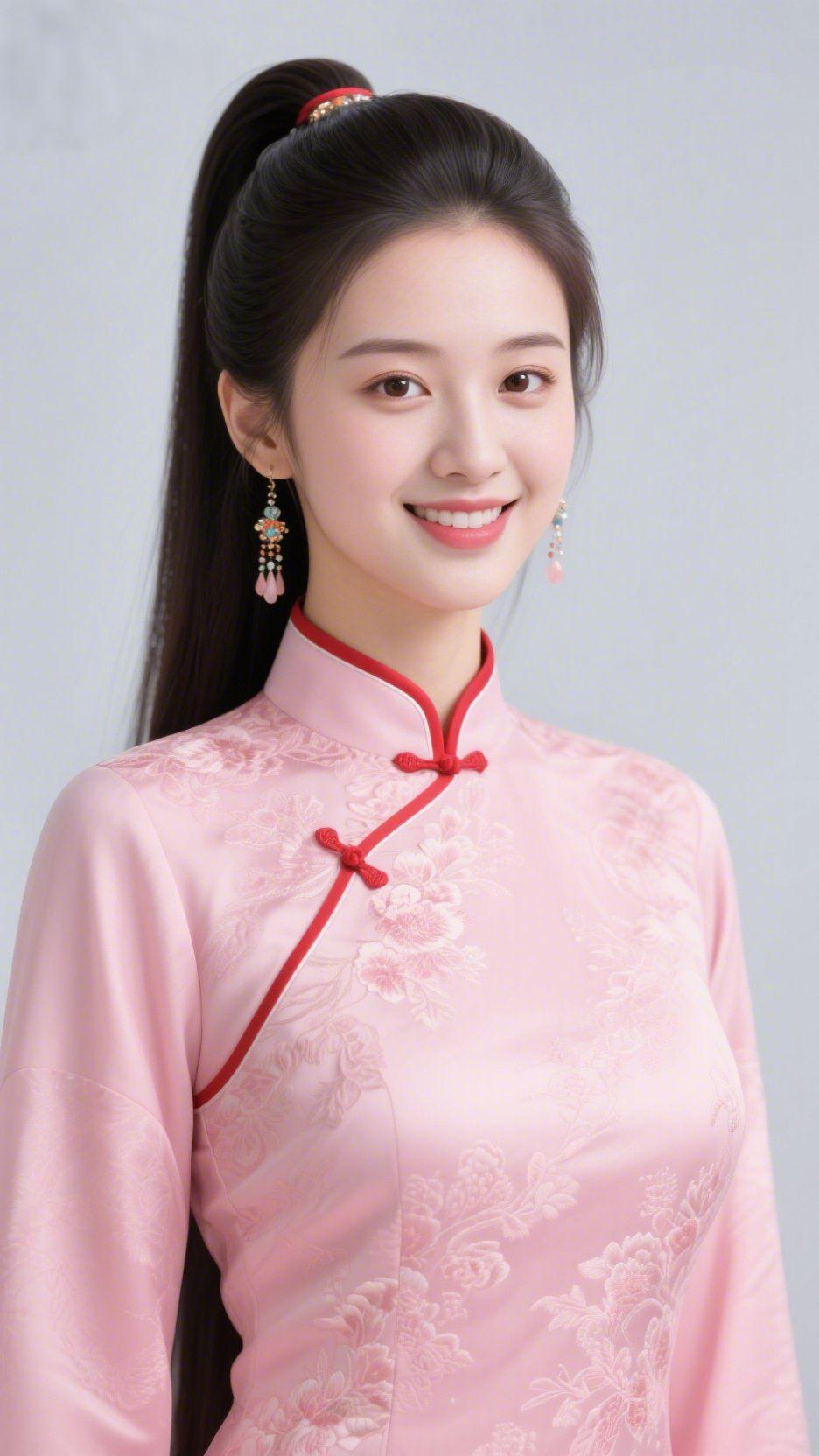 《粉襟绣里国风柔》浅灰背景衬得那身粉襟旗袍，似将春樱柔意织入缎面。暗纹花绣