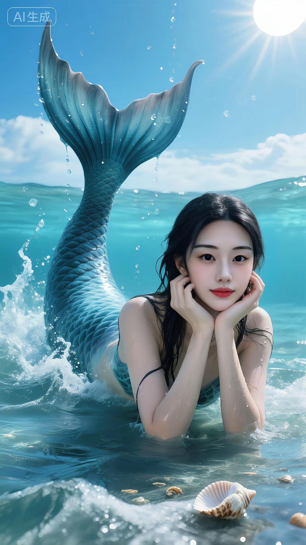 今天不当人类了，当一条自由的鱼。美人鱼AI绘画氛围感海边