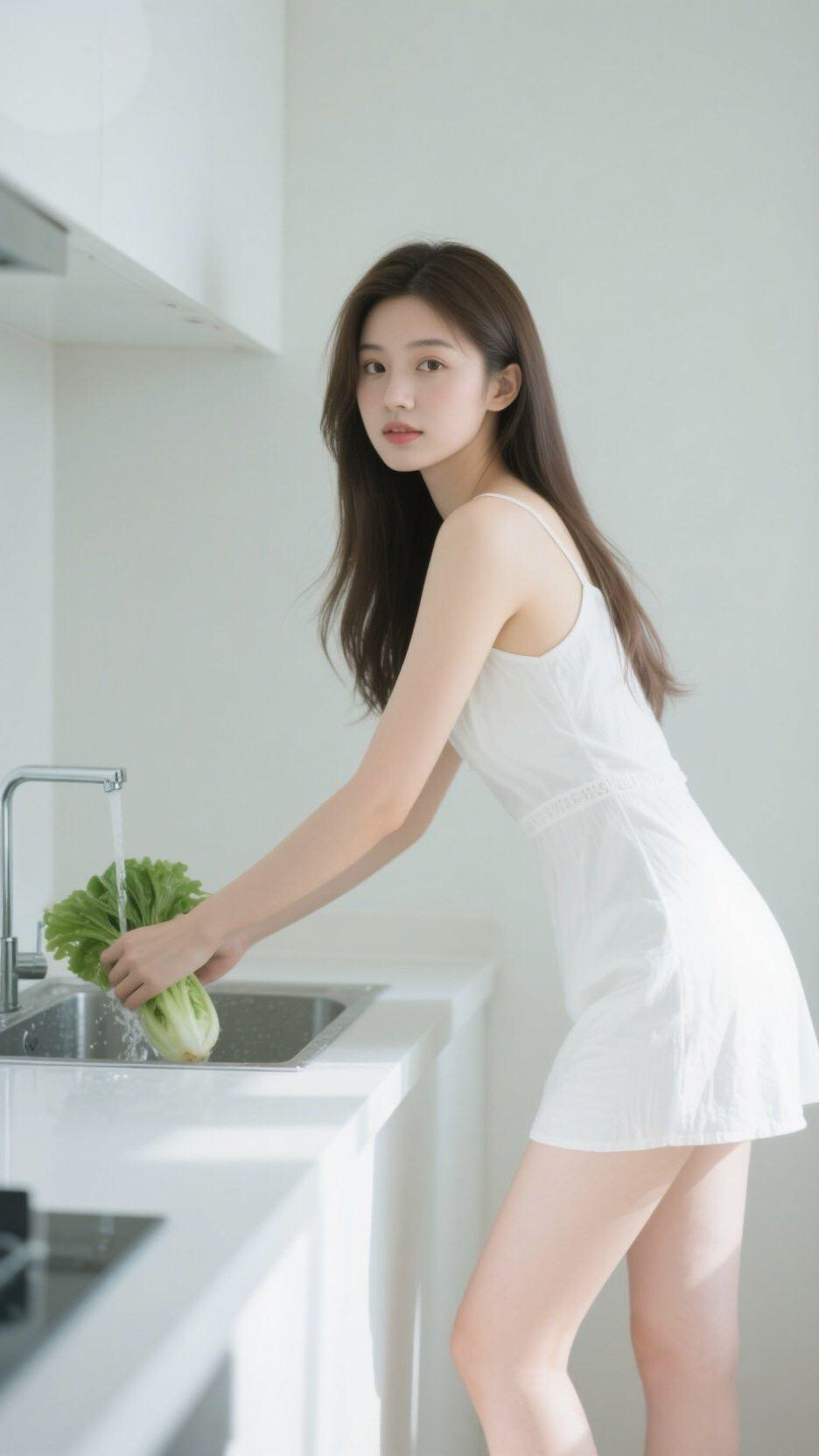 清新厨房，白衣少女，洗菜日常，美好生活