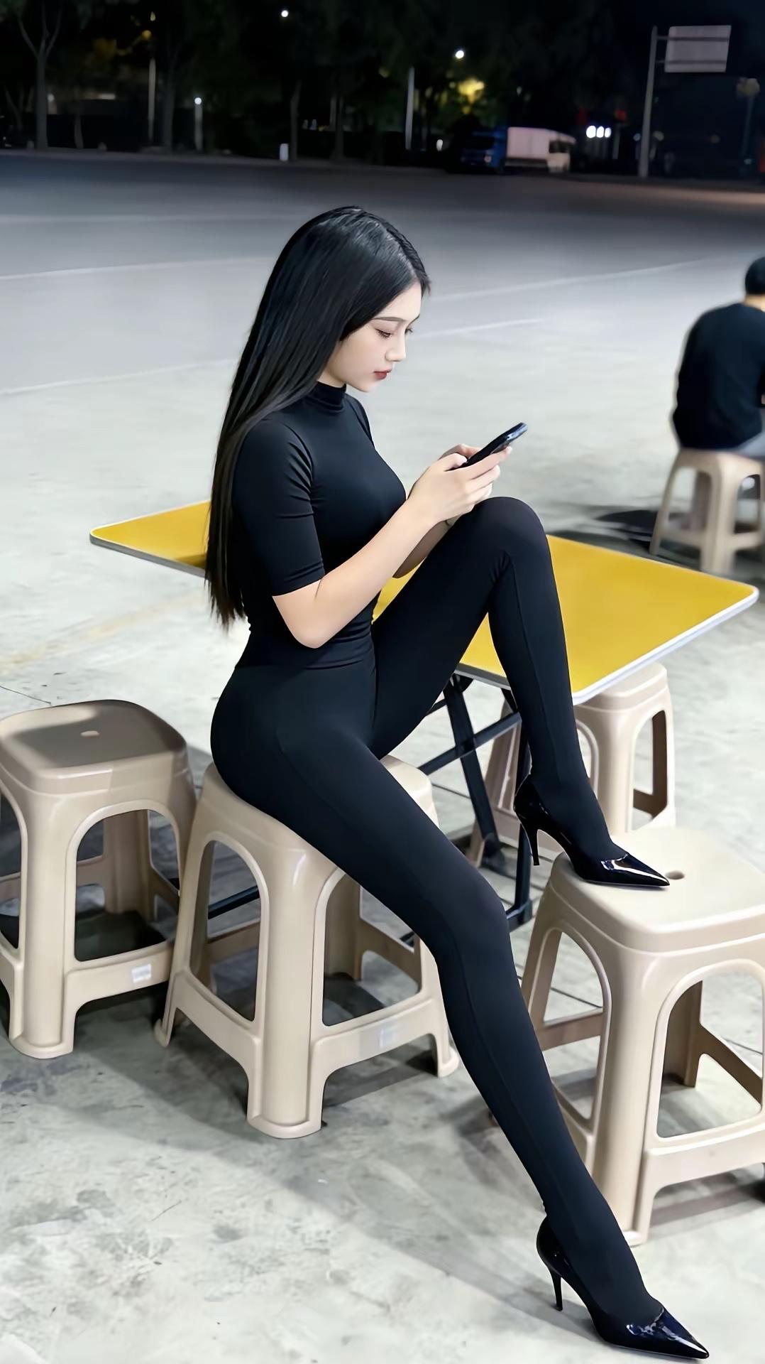 《夜摊倩影》夜色如纱覆远途，纤腰束素立摊隅。黑丝映得灯华冷，漫把流光入