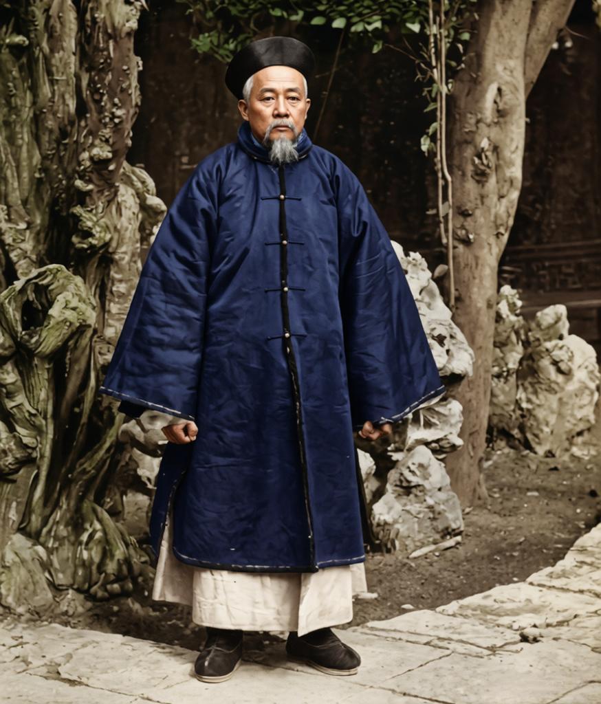 晚清，贵州巡抚庞鸿书假山古树旁，他身着厚重的官服，双手笼袖，目光深邃而平静。他