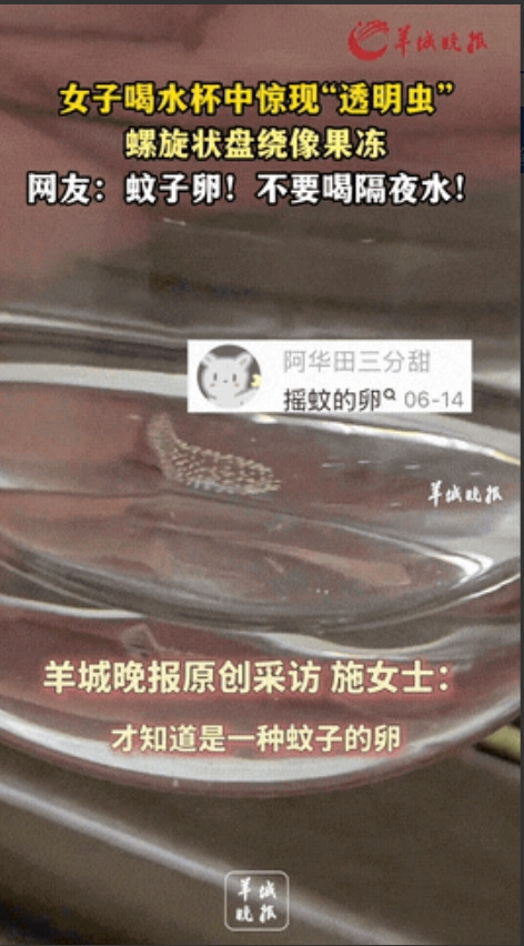 “太吓人了！”7月7日，云南大理，一女子起床前喝了半杯隔夜水后，竟然突然里面有一