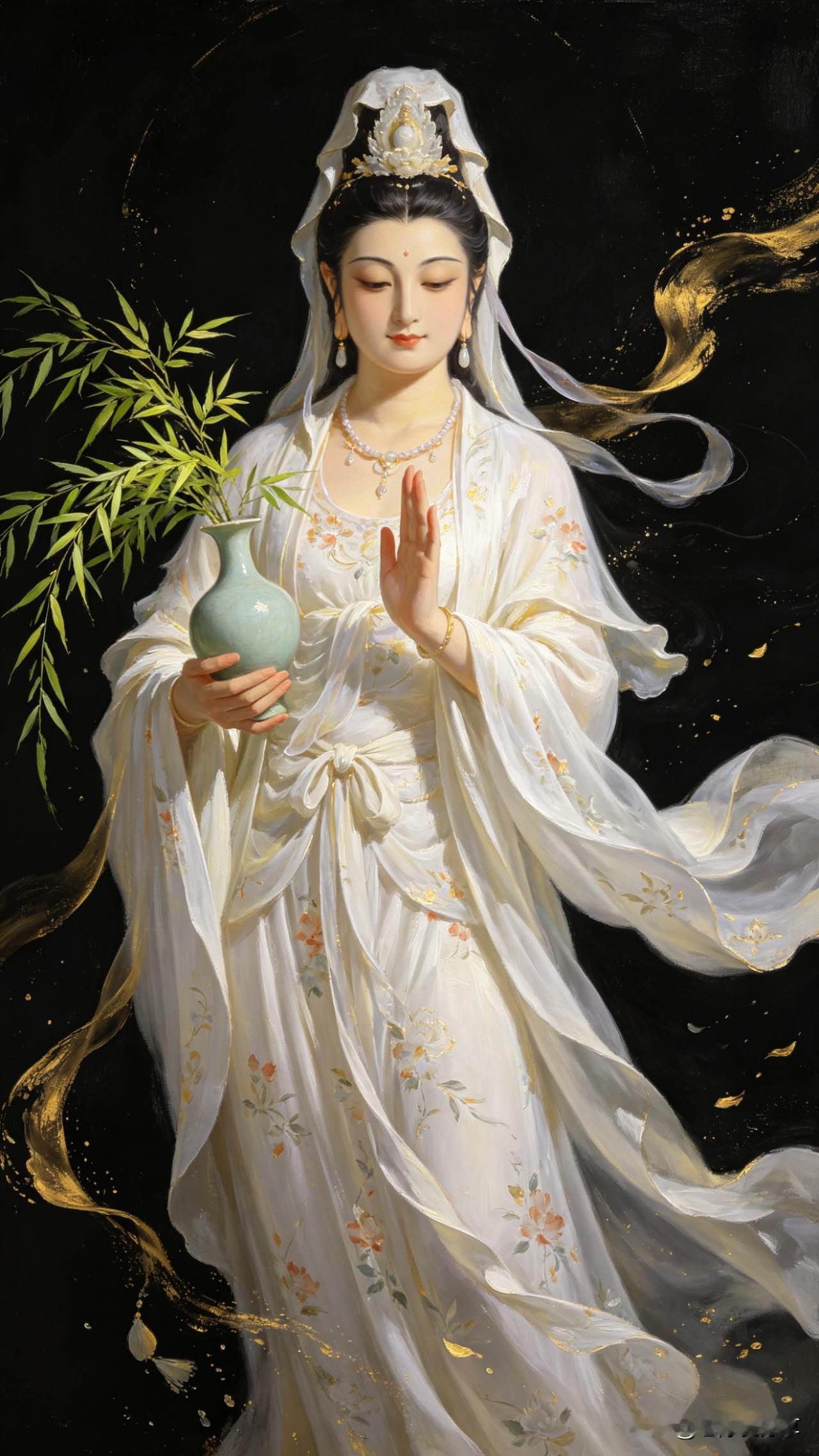 七言绝句诗.白衣大士白衣胜雪立莲台，净瓶甘露洒尘埃。慈悲法相庄严在，杨