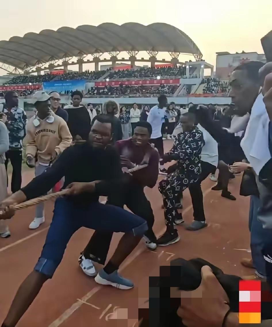 邢台学院的黑人留学生，真不是来“凑数”的！邢台学院运动会上黑人留学生拔河的