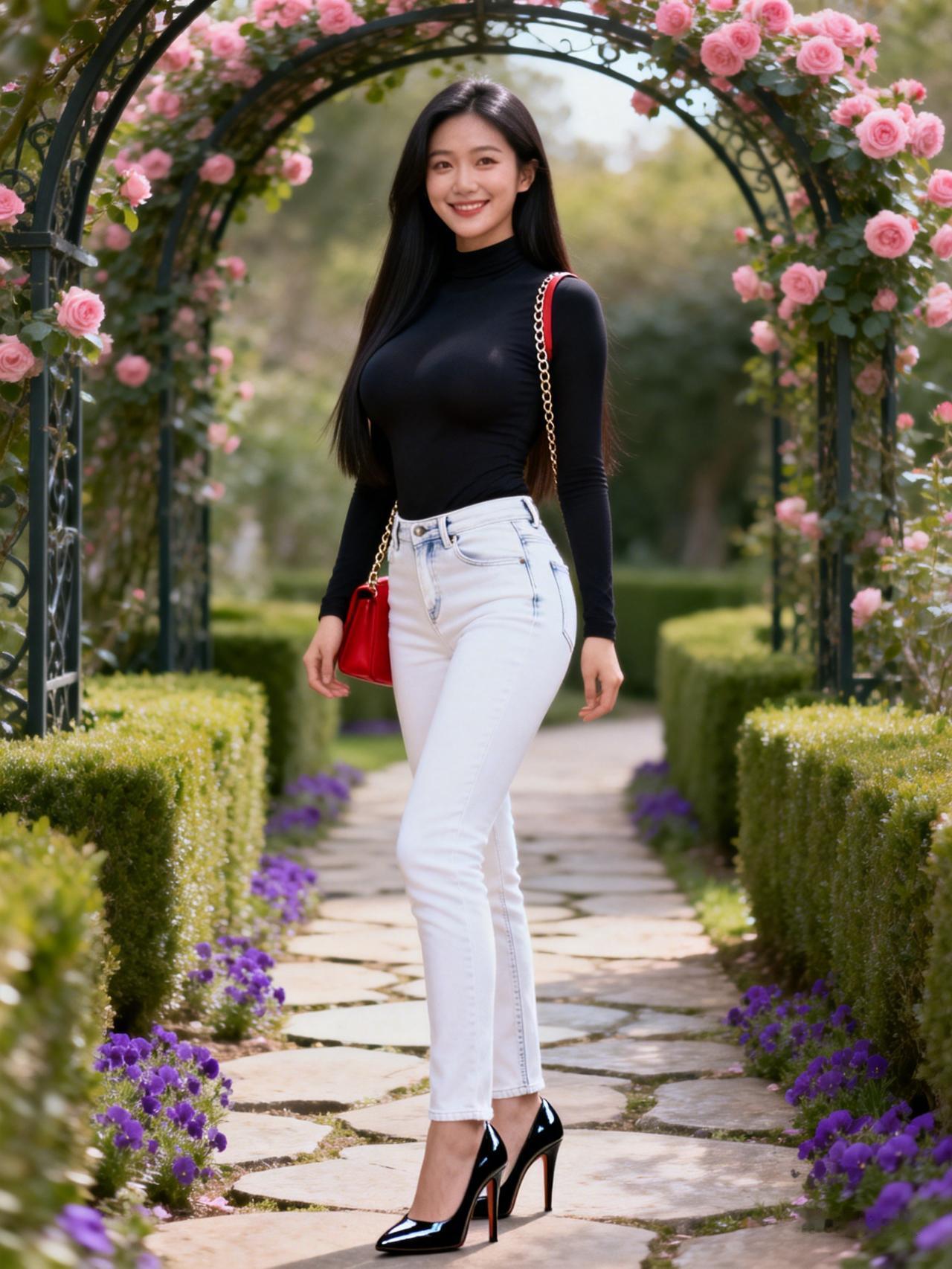 一个女孩在花园小径上微笑。