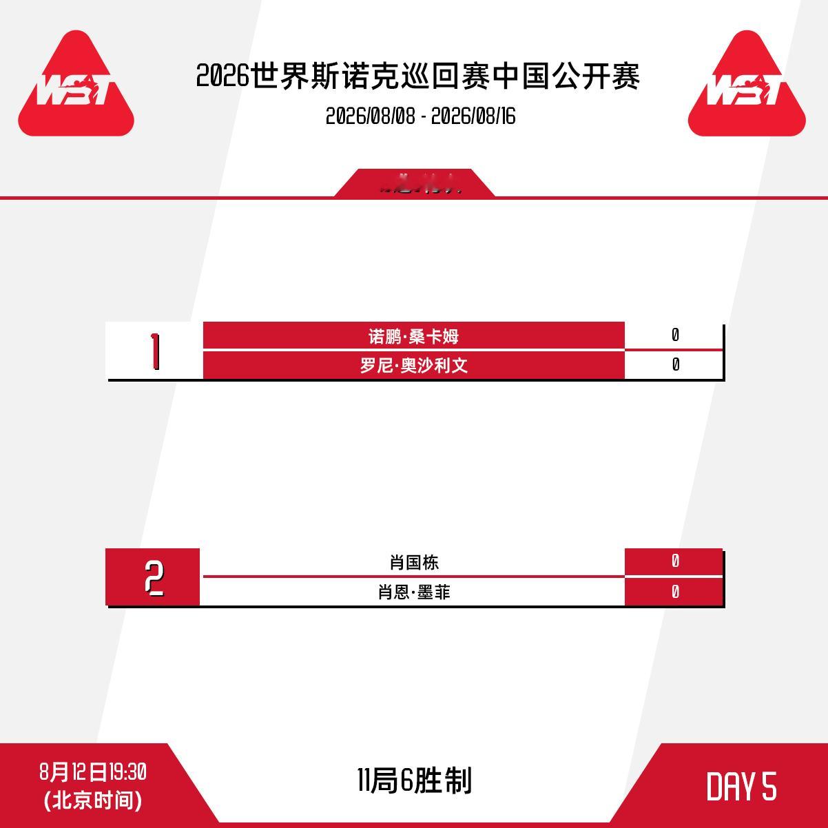 2026斯诺克中国公开赛第五比赛日赛程安排如下：北京时间14点，吴宜泽坐镇一号