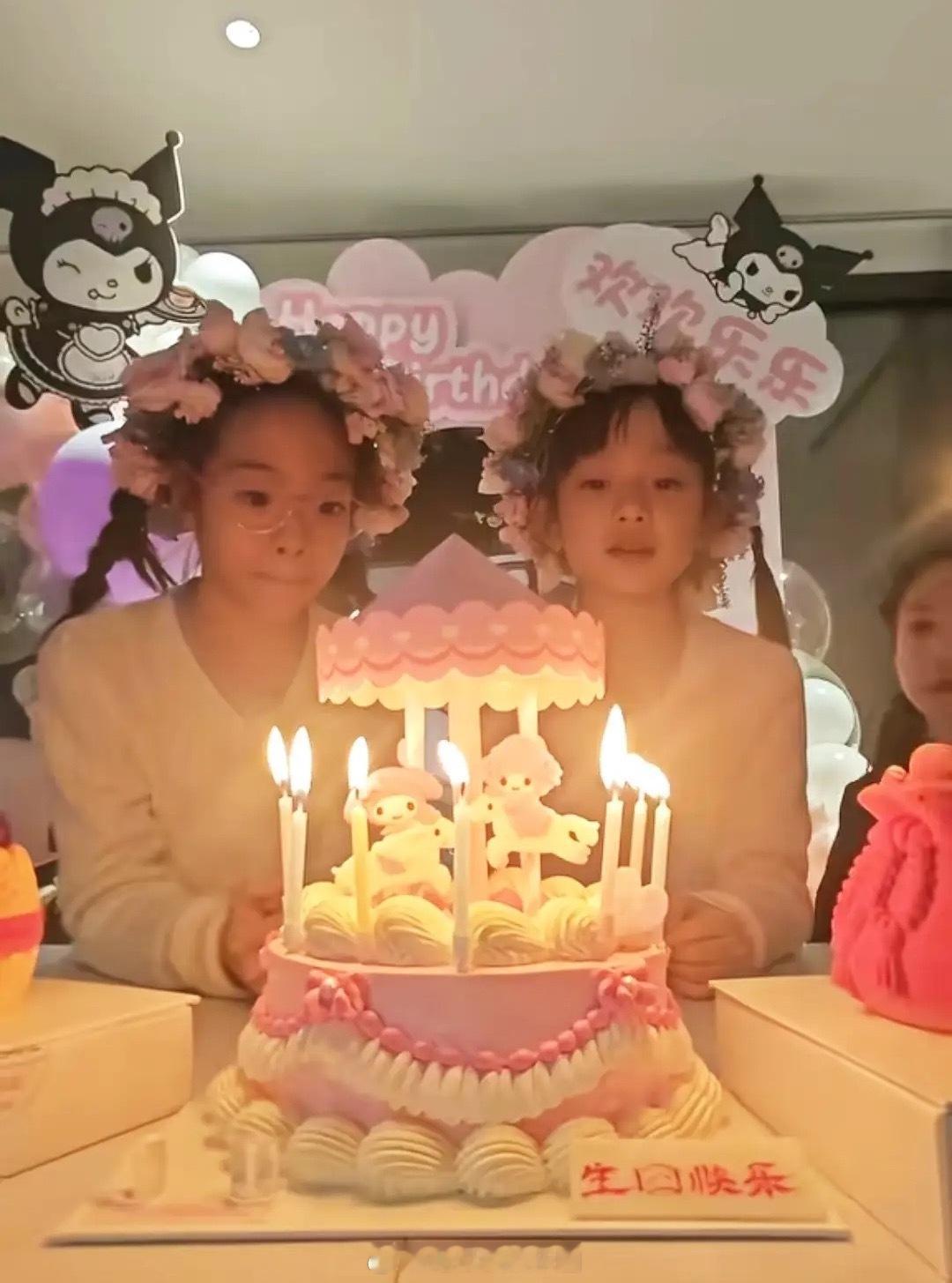 杨威女儿9岁生日，姐姐个头矮一截，妹妹近视眼，双胞胎差别好大！