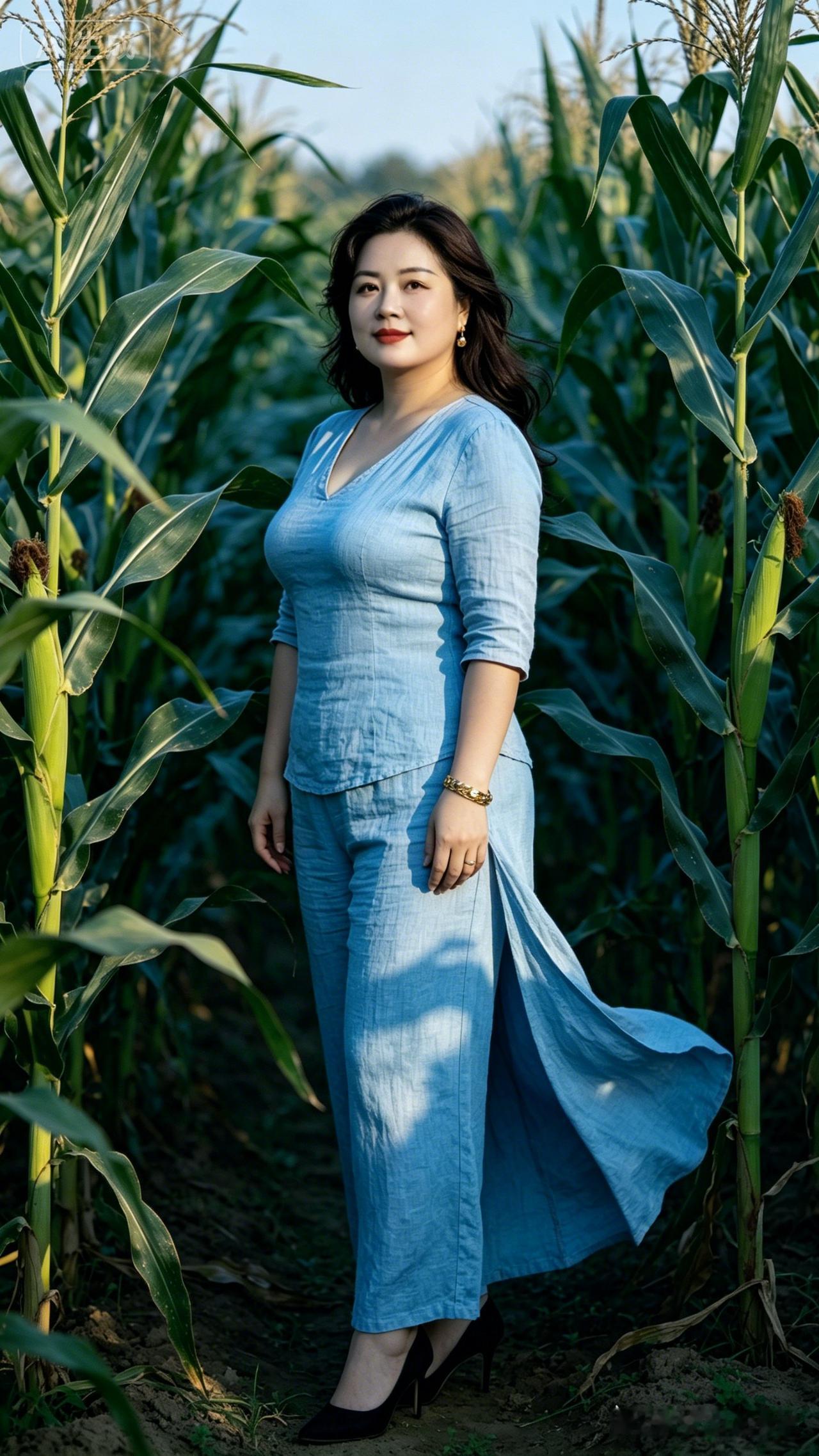 一位女士在玉米田里拍照。