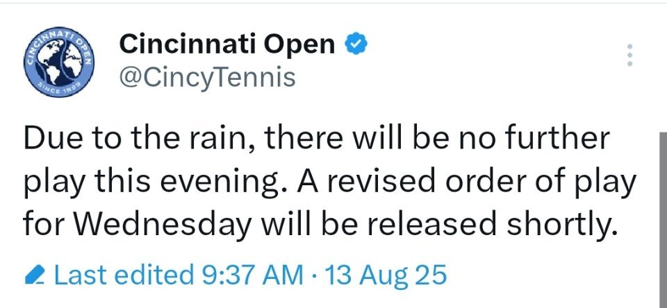 WTA1000辛辛那提站周二夜场剩余比赛因雨取消，推迟到次日继续。目前佩古拉和里