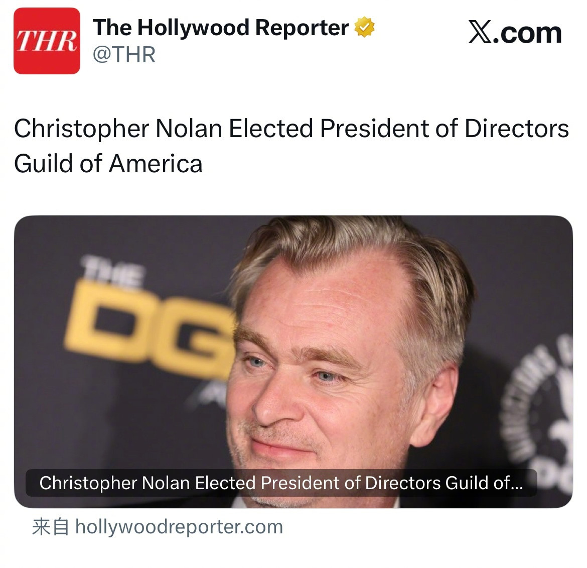 克里斯托弗·诺兰获选成为美国导演工会（DGA）主席，领导这个近两万成员的工会。他