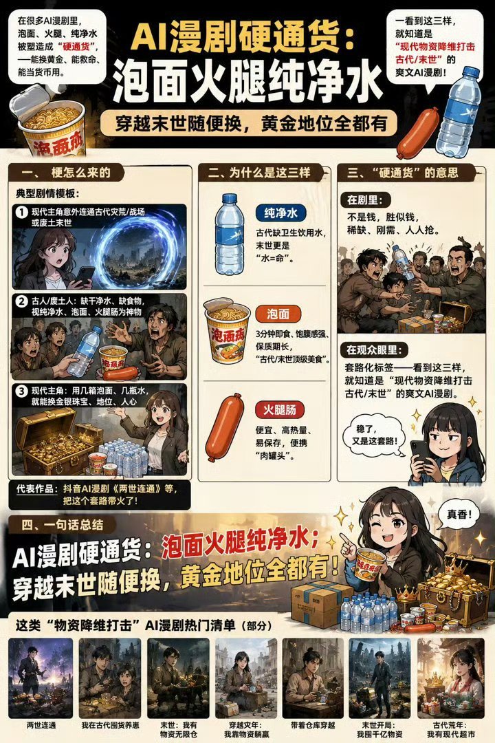 ai漫剧硬通货泡面火腿纯净水这个笑死我了，编剧的老师就不能来点不一样吗？比如