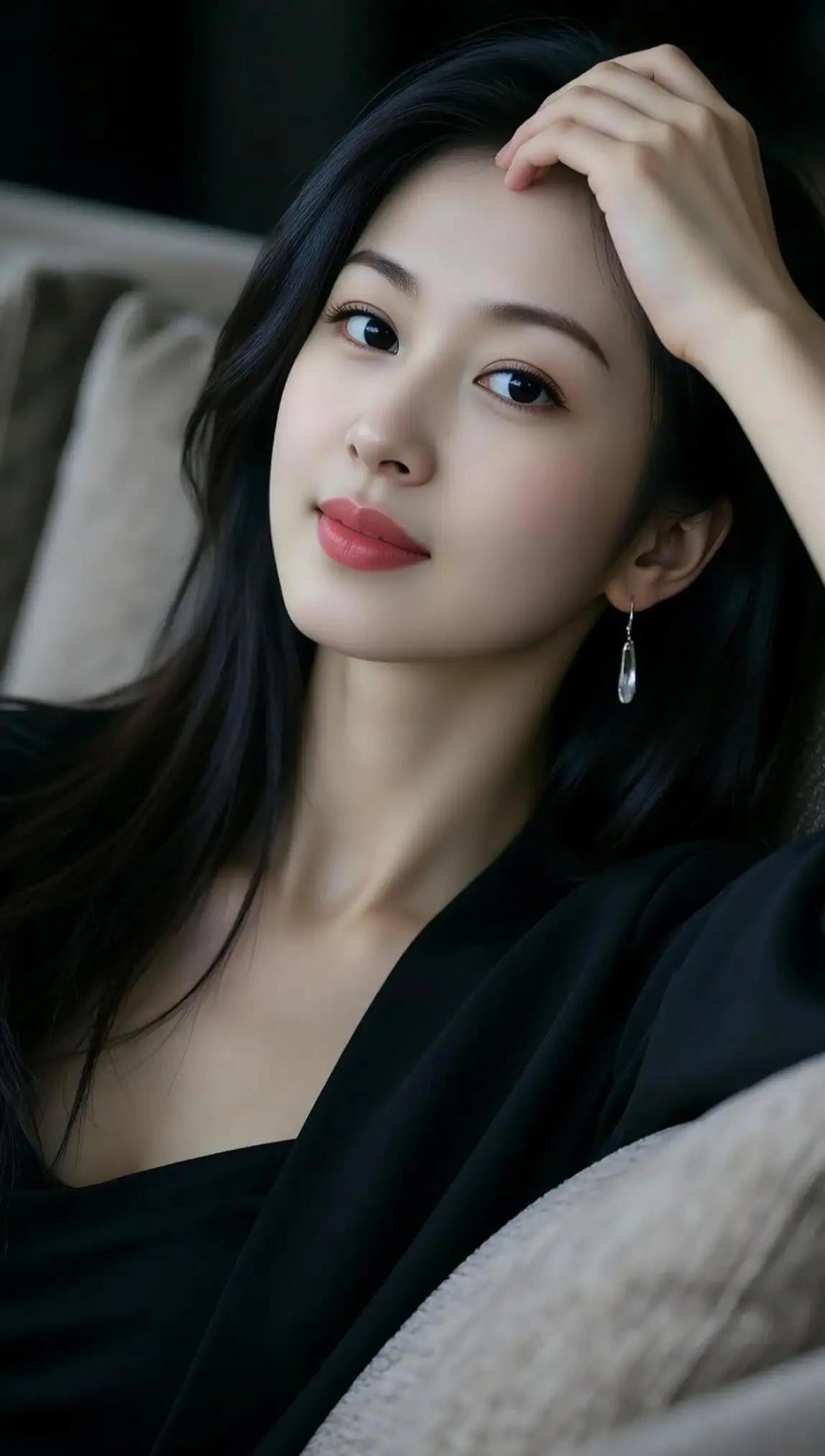 沉静的午后，黑发美人轻抚发丝，优雅动人。