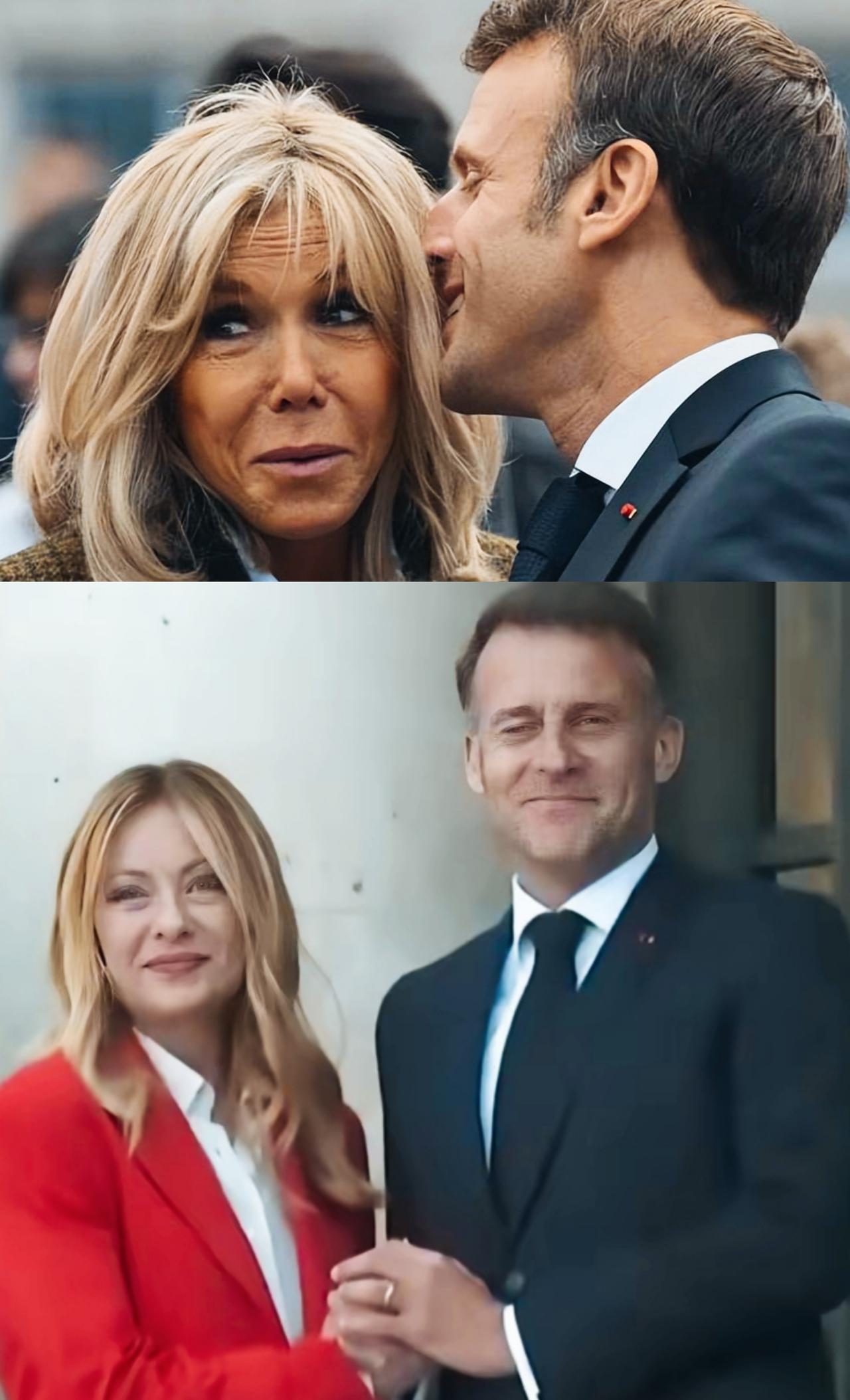 马克龙和妻子布丽吉特在一起时，笑的真诚呢？还是和梅洛尼在一起时笑的真诚呢？马克