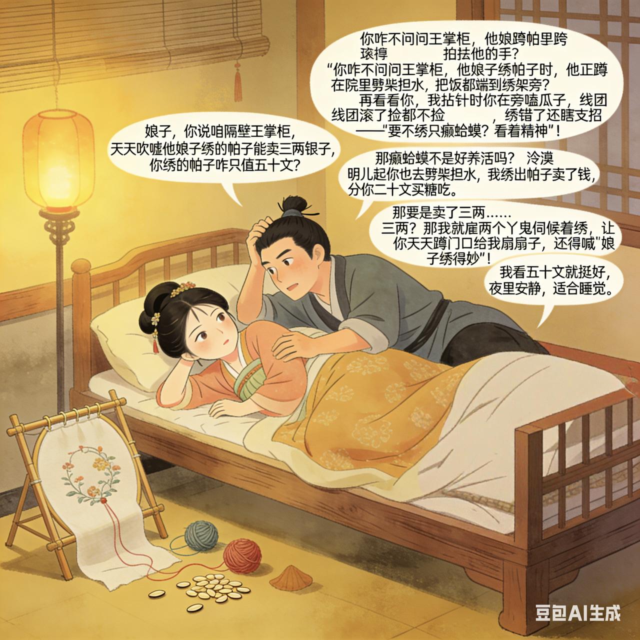 古代夫妻搞笑段子古时某晚，丈夫翻来覆去睡不着，推了推身旁妻子：“娘子，你说咱