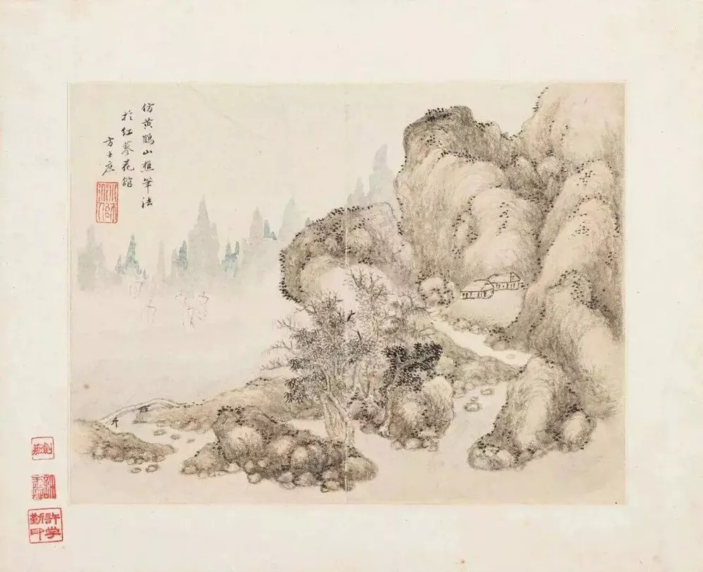 方士庶《仿古山水册》，设色纸本，画心：18x23cm.x10。方士庶（1692-