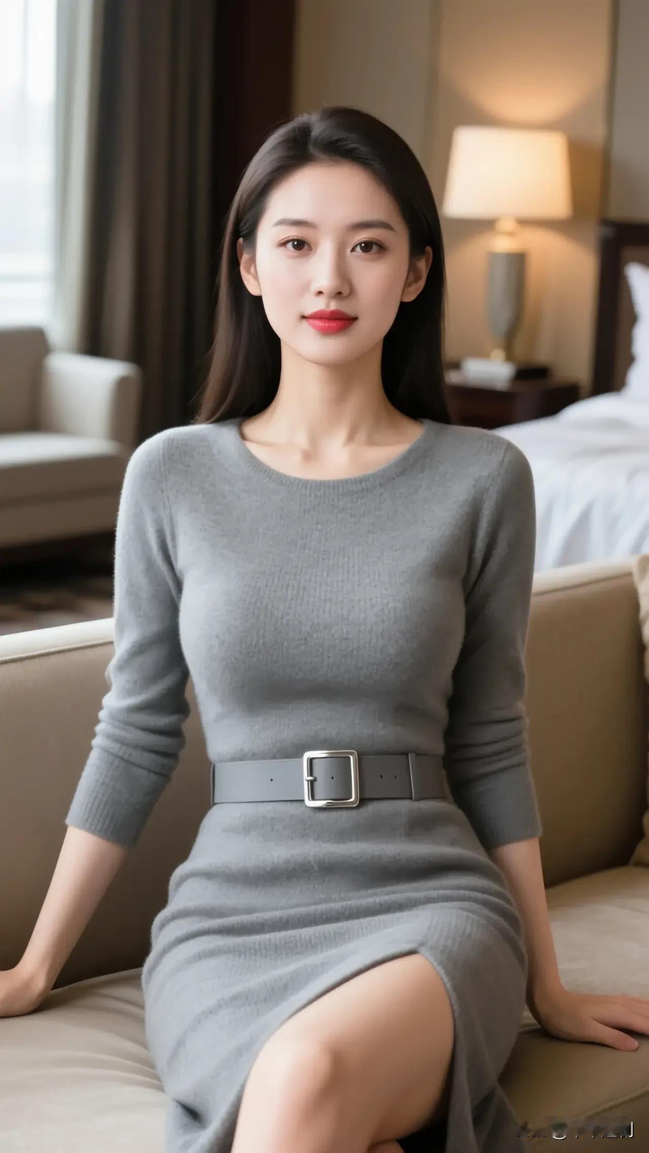 浅灰针织裙衬着轻奢客房，宽腰带点缀揉出干练又温柔的氛围感💨职场知性穿搭灰色