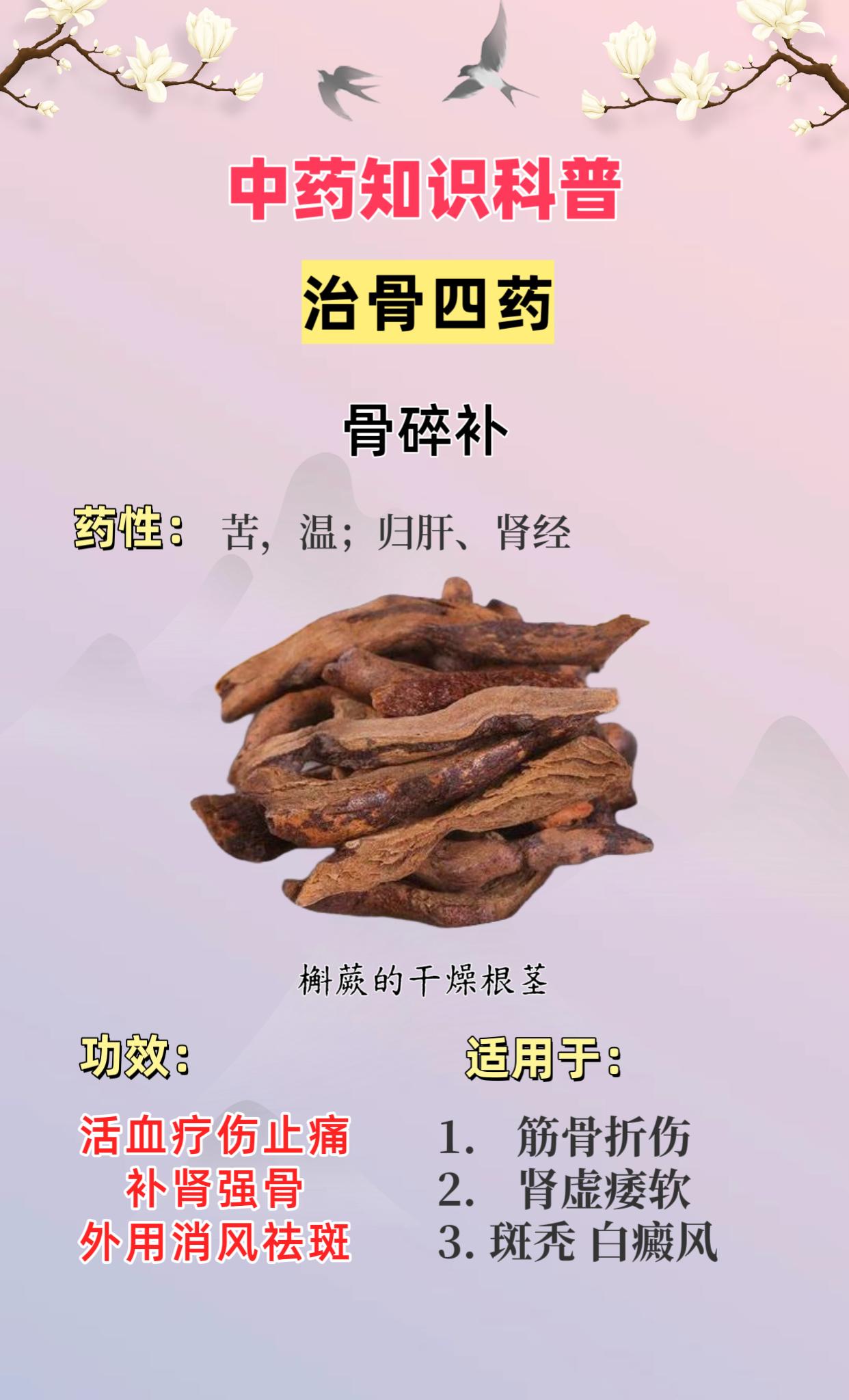中药知识科普。治骨四药：骨碎补 补骨脂 透骨草 寻骨风