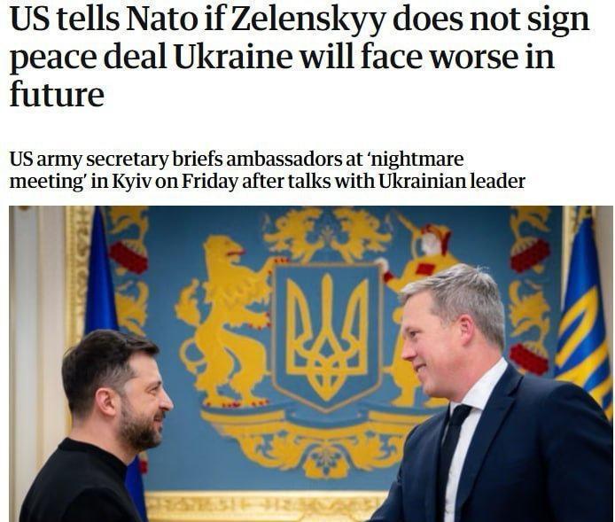 据英国《卫报》报道，昨天在基辅的会议上，美国警告北约，如果乌克兰总统泽连斯基拒绝