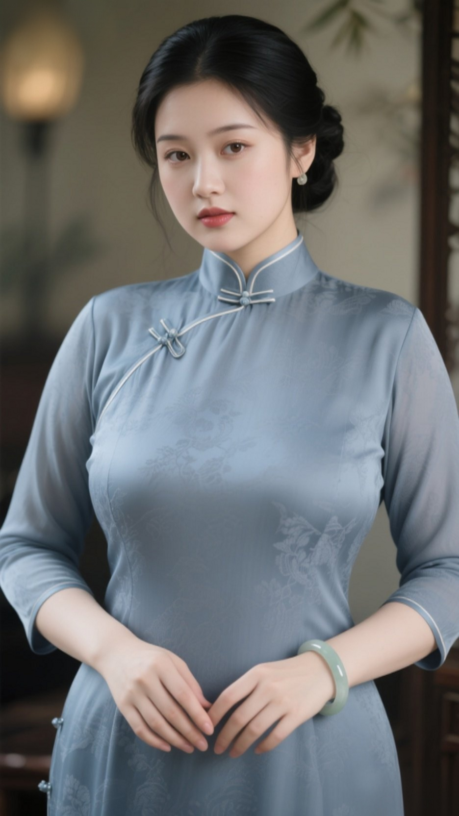 小姐姐身穿烟灰色旗袍，尽显东方柔美。盘扣勾勒肩颈线条，开衩流露灵动...