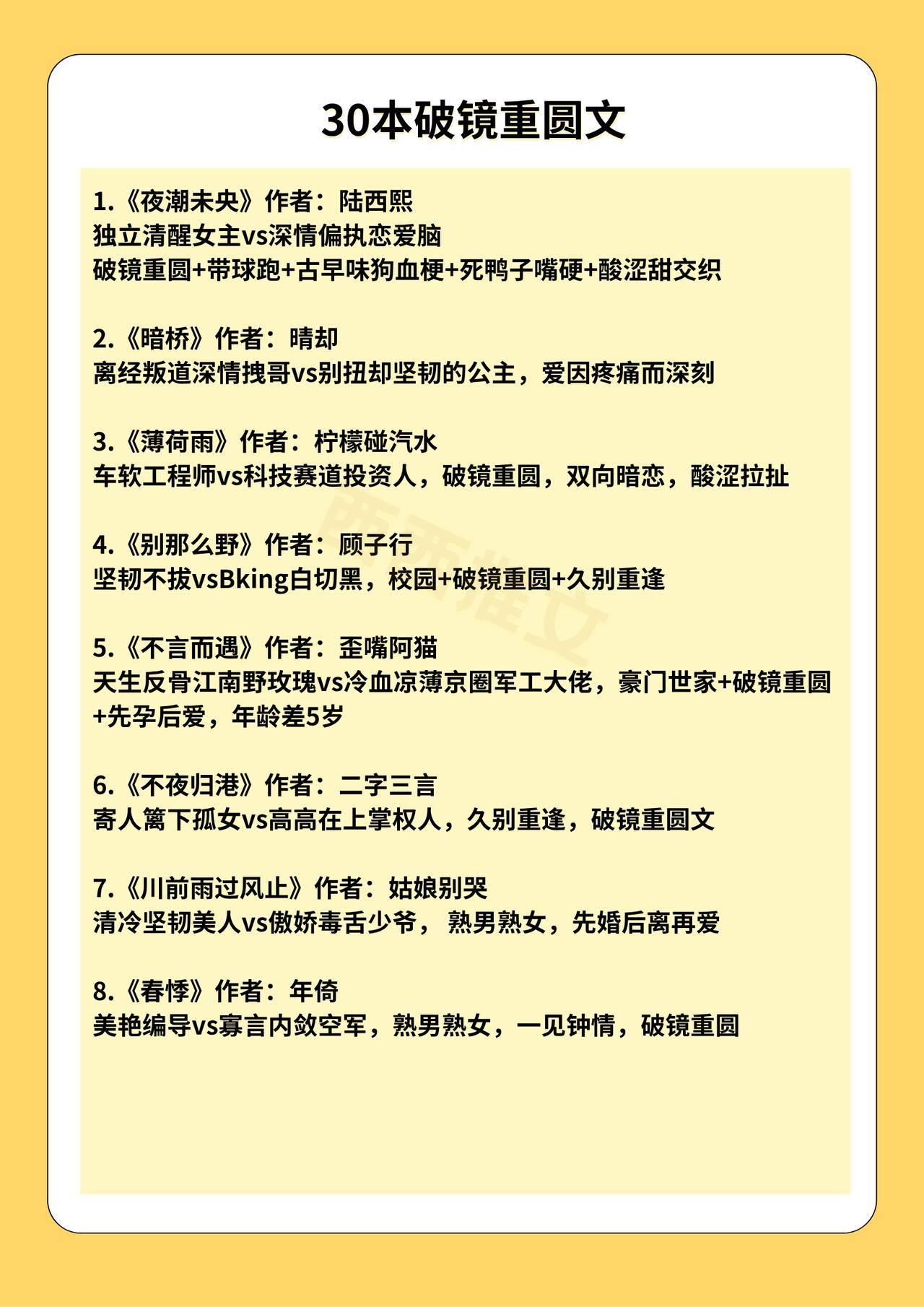30本破镜重圆文都市豪门、校园久别、昔日恋人因误会、家族隔阂与宿命纠葛遗憾分