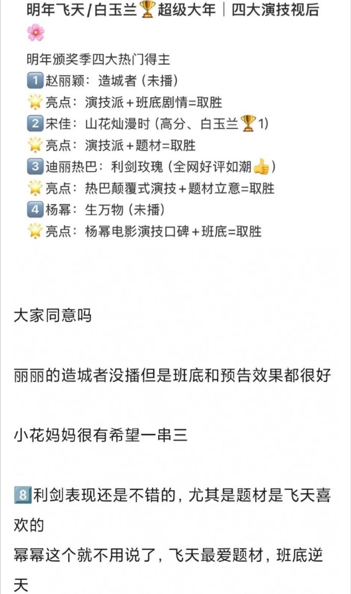 网友提名明年的视后热门：赵丽颖宋佳迪丽热巴杨幂。这几个我都同意，再加一个杨