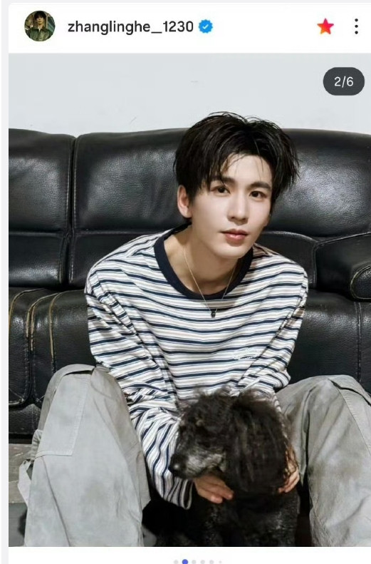 张凌赫ins更新萌照！条纹男大与狗狗的温馨时刻~张凌赫还翻牌回复粉丝“我还没
